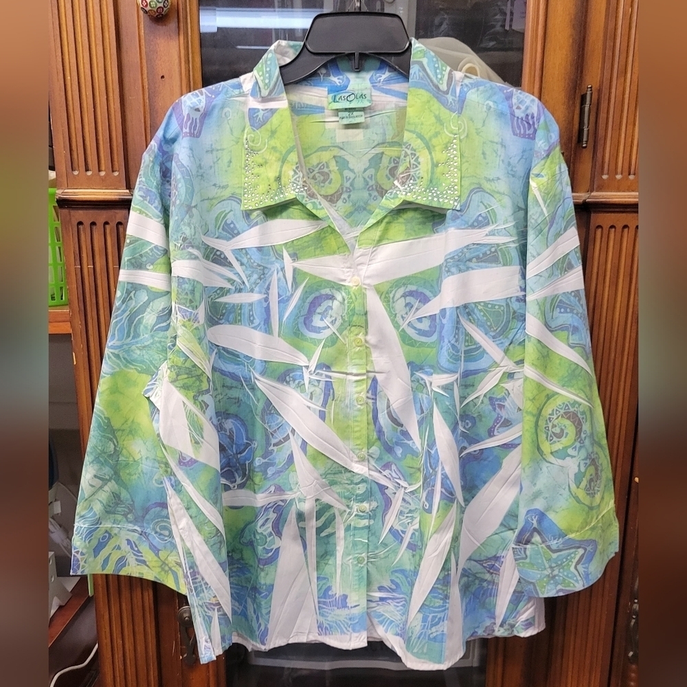 Las Olas 2X Green Blue Button Up 3/4 Sleeve
